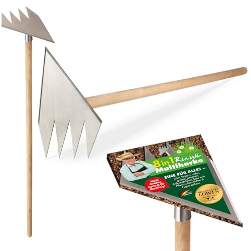 RUWI Hacke 8in1 | Fugenreiniger - Gartenwerkzeug - Hacke - Gartenhacke - Harke - Grubber - Sauzahn - Unkrauthacke - Gartenharke - Pflanzlochbohrer - Handjäter - Handhacke - Pflücker (Mit Stiel) von Miweba
