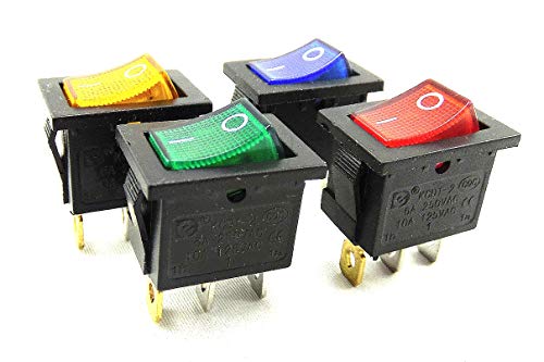 4 Stück Wippenschalter 19 x 13 mm, 6 A, 250 V~ 3 Pin, Wippe Rot, Grün, Gelb, Blau beleuchtet, schwarz von ChiliTec