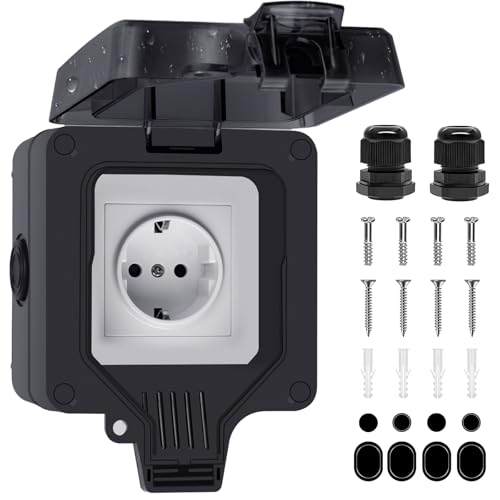 Außensteckdose Wasserdicht IP66 - Steckdose Aufputz 1-fach mit Deckel Gartensteckdose Aussensteckdose Outdoor Steckdose Wetterfest für Garten Feuchtraum Keller Balkon Garagen Baustellen von MixcMax