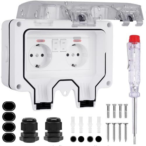 Außensteckdose Wasserdicht IP66 - Steckdose Aufputz 2-fach mit Schalter Deckel Gartensteckdose Aussensteckdose Outdoor Steckdose Wetterfest für Garten Feuchtraum Keller Balkon Garagen Aussenbereich von MixcMax