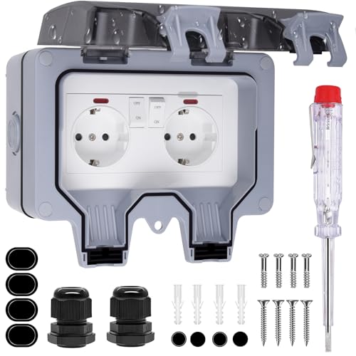 Außensteckdose Wasserdicht IP66 - Steckdose Aufputz 2-fach mit Schalter Deckel Gartensteckdose Aussensteckdose Outdoor Steckdose Wetterfest für Garten Feuchtraum Keller Balkon Garagen Aussenbereich von MixcMax