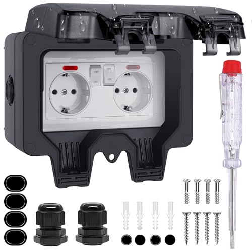 Außensteckdose Wasserdicht IP66 - Steckdose Aufputz mit Deckel Gartensteckdose Aussensteckdose Outdoor Steckdose Wetterfest für Gärten Feuchtraum Keller Garage (Schwarz, 2-fach) von MixcMax
