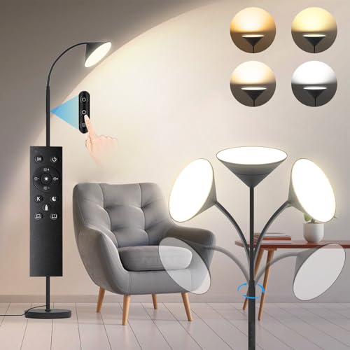 Stehlampe Wohnzimmer, 18W 1800LM LED Stehlampe Dimmbar, 4 Farbtemperaturen Leselampe Stehlampe Schwarz mit Fernbedienung und Touch-Steuerung, 192CM Hohe Einstellbar Stehleuchte für Schlafzimmer Büro von Mixinlei
