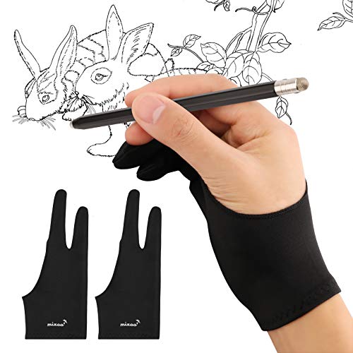 Mixoo Künstlerhandschuhe für Zeichentablett, 2 Stück, Handflächenablehnung, Zeichenhandschuhe mit zwei Fingern für Papierskizzieren, iPad, Grafikmalerei, gut für linke und rechte Hand (L) von Mixoo
