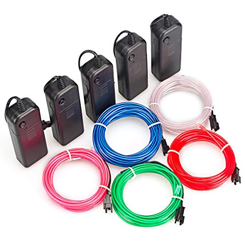 cuzile Flexibel 5 Stück 9.9FT 3 m Neon Beleuchtung Draht Lichtschlauch Leuchtschnur El Kabel Wire mit 3 Modis Elektrolumineszenz EL Wire Rope für Partybeleuchtung(rot grün blau weiß Rosa) von cuzile