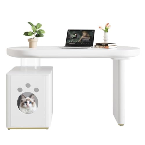 Schreibtisch Mit Haustierbett, Komplett Lackiert, Abgerundete Kurven, 5 cm Dicke Beine, Stabil Und Modern, Weißer Französischer Stil, Haustiergrößen M–XL,A von Mixtric