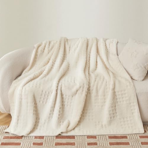 Miyacare Kuscheldecke Decken 100x150 cm, Couchdecke, Überwurf, Weiche und Warme Fleecedecke, Waffelmuster Wohndecke, Gemütliche Korddecke, Kuscheldecke Flauschig (Milchweiß, W100 x L150CM) von Miyacare