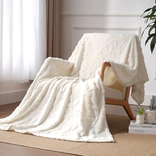 Miyacare Kuscheldecke Flauschig 150x200 cm, Überwurf, Sofadecke, Weiche und Warme Gemütlicher Fleecedecke Für Bett und Couch, Wohn- & Kuscheldecken, Wohndecke (Blätter-Milchweiß, W150 x L200CM) von Miyacare