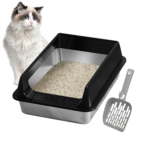 Katzentoilette Edelstahl, 40x30x16cm Katzenklo Litter Box Katzenklo Mit Schaufel, Halbgeschlossen Katzenklos Hoher Abnehmbarer Rand, Katzentoilette Für Wohnung Balkon Camping von Miyanvuo
