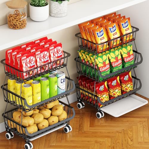 Fruit Vegetable Storage Basket Rack, 3 Tier Stackable Metal Wire Storage Baskets on Wheels, Fruit Vegetable Produce Basket Organizer Bins for Kitchen, Pantry, Bathroom von Miyawell