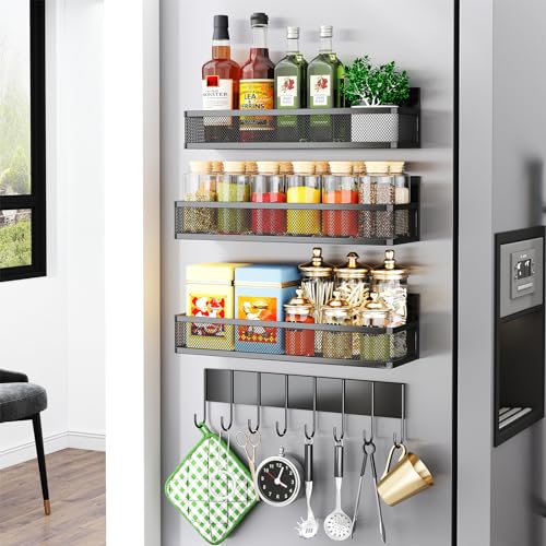 Miyawell Magnetisches Gewürzregal für Kühlschrank, 4 Stück, magnetisches Regal, Kühlschrank-Organizer, Magnetregale für Küchenorganisation und Aufbewahrung, bewegliche Gewürzregale mit 8 Haken, Metall von Miyawell