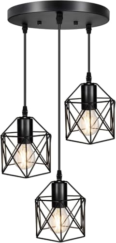Miyawell Vintage 3-Lichter Deckenleuchte Verstellbare Hängeleuchte Industrielle Flush Mount Deckenleuchte E27 Sockel Schwarz Geometrische Decke Hängelampe für Küche Esszimmer Flur von Miyawell
