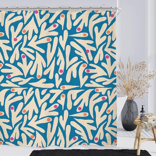 Miyotaa Matisse Retro-Duschvorhang-Set, 152 x 180 cm, abstrakt, modern, niedlich, Vintage, ästhetische Kunst, Blume, Polyester, wasserdichter Stoff, Badezimmervorhang mit 12 Haken, Blau von Miyotaa