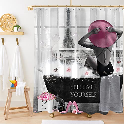 Miyotaa Modernes Duschvorhang-Set, afrikanisches Mädchen, 152 x 180 cm, sexy Mode, Paris, Eiffelturm, High Heels, Pink, Grau, Polyester, wasserdichtes Stoff, Badezimmer-Vorhang mit 12 Haken von Miyotaa