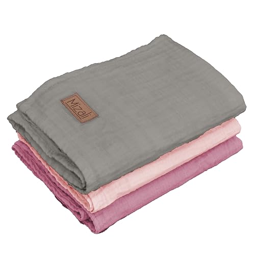 Mizali Premium Musselintuch Baby Spucktücher, 50x70 cm, 2-lagig, Baumwolle, 3er Set, Einfarbig (Rose, Altrose, Grau) von Mizali