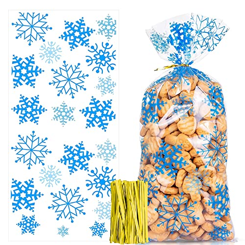 100 Stück Weihnachten Süßigkeiten Tüten, Cellophantüten, Schneeflocke Weihnachten Plätzchentüten, Kekse Goody Taschen mit 100 Stück Twist Krawatten für Plätzchen Kekse Pralinen (Blau) von Mizijia