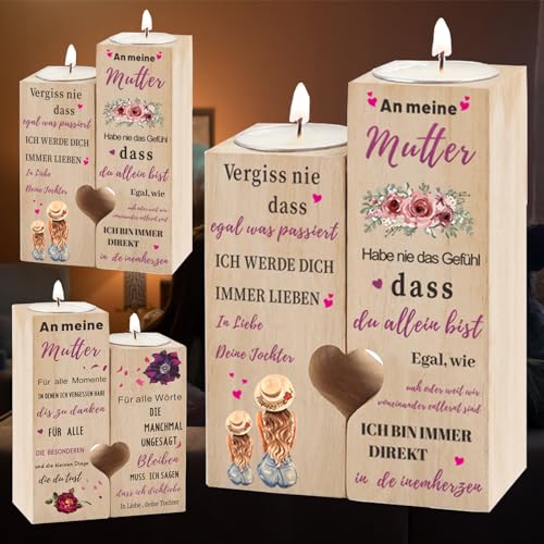 Doppelseitig Bedruckter - Kerzenständer Geschenk für Mama von Tochter Deutsch, Herz-Kerzenhalter-Holz, Mutter Tochter Personalisierte Geschenk, Geburtstagsgeschenk & WeihnachtenGeschenke für Mama von Mizijia