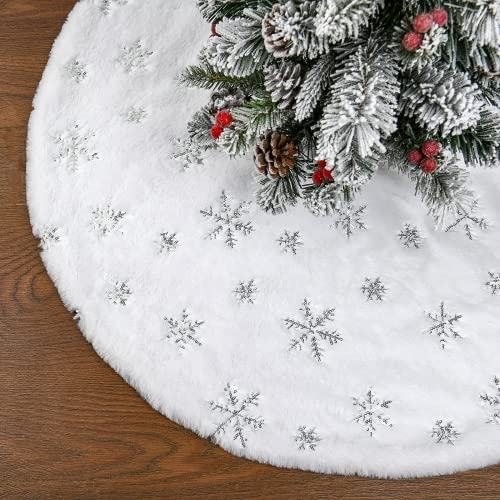 Weihnachtsbaum Decke, 78CM/30 Zoll Runder Weiß Plüsch Weihnachtsbaum Rock mit Silbernen Pailletten Schneeflocke,Dicker und Weicher Christmas Tree Skirt,Christbaumdecke von Mizijia