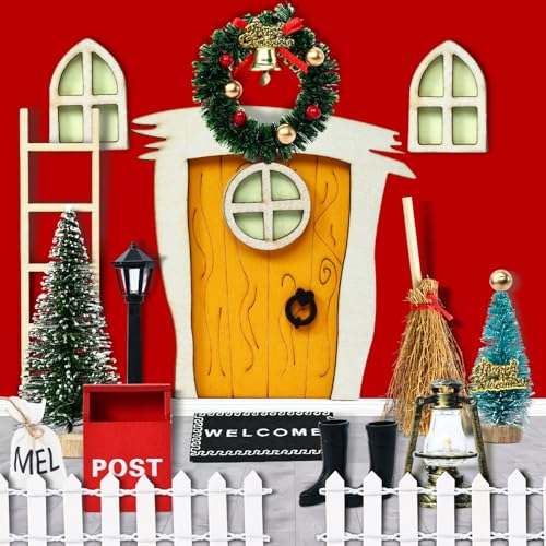 Wichteltür Zubehör Weihnachten, 16 PCS Miniatur Wichtel Zubehör, Wichteltür Set mit Weihnachtsbaum, Teppich, Laterne, Kranz, Holzleiter, Stiefel, Wichteltür von Mizijia