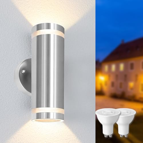 Mizlay 1 Stück Wandleuchten Außen/Innen mit 2x 5W GU10 Lampen Warmweiß,Up Down Leuchte Aussen,Edelstahl Wandleuchte Wasserdichte IP44,Wandlampe Downlight für Eingang Terrasse, Silber mit Diffusor Mizlay 1 Stück Wandleuchten Außen/Innen mit 2x 5W GU10 Lampen Warmweiß,Up Down Leuchte Aussen,Edelstahl Wandleuchte Wasserdichte IP44,Wandlampe Downlight für Eingang Terrasse, Silber mit Diffusor von Mizlay