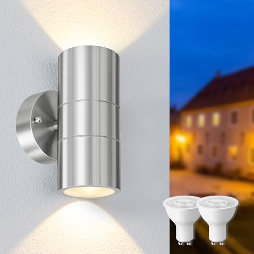 Mizlay 1 Stück Wandleuchten Außen/Innen mit 2x 5W GU10 Lampen Warmweiß,Up Down Leuchte Aussen,Edelstahl Wandleuchte Wasserdichte IP44,Wandlampe Downlight für Eingang Terrasse, Silber Mizlay 1 Stück Wandleuchten Außen/Innen mit 2x 5W GU10 Lampen Warmweiß,Up Down Leuchte Aussen,Edelstahl Wandleuchte Wasserdichte IP44,Wandlampe Downlight für Eingang Terrasse, Silber von Mizlay