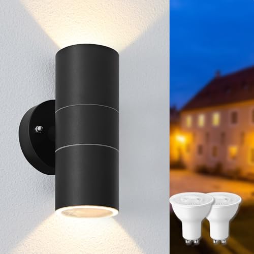 Mizlay 1 Stück Wandleuchten Außen Innen mit 2x 5W GU10 Lampen Warmweiß,Up Down Leuchte Aussen,Edelstahl Wandleuchte Wasserdichte IP44,Wandlampe Downlight für Eingang Terrasse, Schwarz Mizlay 1 Stück Wandleuchten Außen Innen mit 2x 5W GU10 Lampen Warmweiß,Up Down Leuchte Aussen,Edelstahl Wandleuchte Wasserdichte IP44,Wandlampe Downlight für Eingang Terrasse, Schwarz von Mizlay