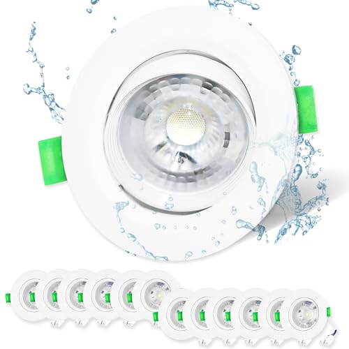 Mizlay 12er Set LED Einbaustrahler 230V 30° Schwenkbar 90mm (Lochmaß 72-80mm), Außen Spots IP44 Kaltweiß 6000K 5W, Flach Deckenspots Einbauleuchten Einbauspot Rund Weiß für Badezimmer Innen Decke von Mizlay