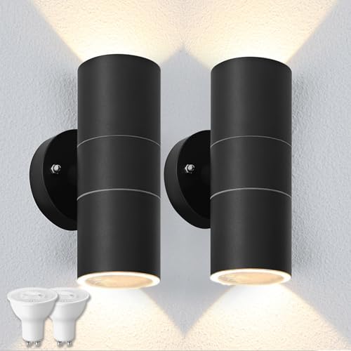 Mizlay 2 Stück Wandleuchten Außen/Innen mit 2x 5W GU10 Lampen Warmweiß,Up Down Leuchte Aussen,Edelstahl Wandleuchte Wasserdichte IP44,Wandlampe Downlight für Eingang Terrasse, Schwarz von Mizlay