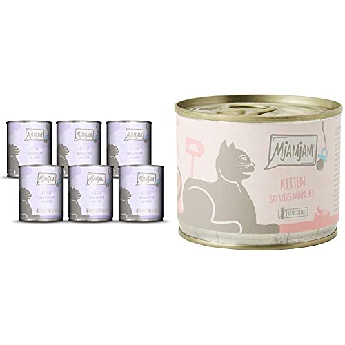 MjAMjAM Kitten vorzügliches Kalb mit Lachsöl 6x800 g (1 x 4800 g) & Premium Nassfutter für Katzen - Kitten saftiges Hühnchen mit Lachsöl - getreidefrei mit extra viel Fleisch, 6er Pack (6 x 200 g) von MjAMjAM