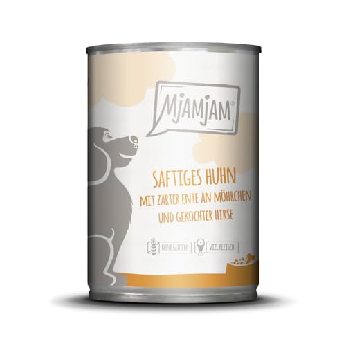 MjAMjAM - Premium Nassfutter für Hunde - saftiges Huhn mit zarter Ente an Möhrchen und gekochter Hirse, 1er Pack (1 x 400 g), getreidefrei mit extra viel Fleisch von MjAMjAM