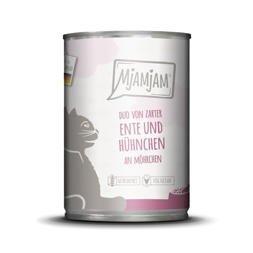 MjAMjAM - Premium Nassfutter für Katzen – Duo aus zarter Ente und saftigem Huhn auf Karotten, 1 Packung (1 x 400 g), getreidefrei mit zusätzlichem Fleisch von MjAMjAM