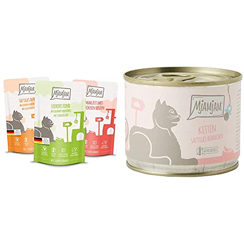 MjAMjAM - Premium Nassfutter für Katzen - Mixpaket 1 - Huhn, Rind, Herzen, 12er Pack (12 x 125 g) & Premium Nassfutter für Katzen - Kitten saftiges Hühnchen mit Lachsöl, 6er Pack (6 x 200 g) von MjAMjAM