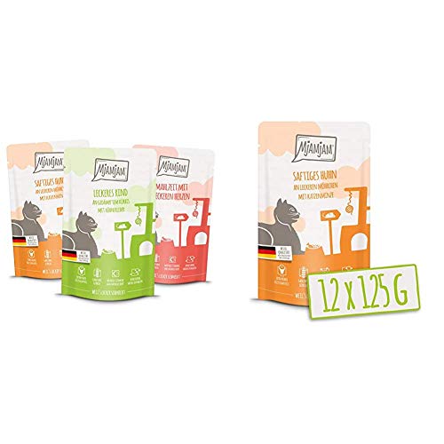 MjAMjAM - Premium Nassfutter für Katzen - Mixpaket I - Huhn, Rind, Herzen, 12er Pack & Premium Nassfutter für Katzen - Quetschie - saftiges Huhn an leckeren Möhrchen, 12er Pack (12 x 125 g) von MjAMjAM