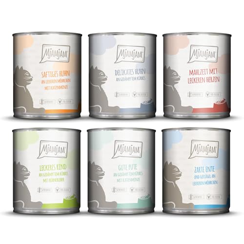 MjAMjAM - Premium Nassfutter für Katzen - Mixpaket III - Huhn & Kürbis, Pute, Ente & Geflügel, Herzen, Huhn, Rind, 6er Pack (6 x 800 g), getreidefrei mit extra viel Fleisch von MjAMjAM