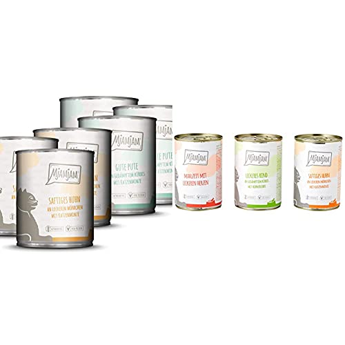 MjAMjAM - Premium Nassfutter für Katzen - Monopaket 1 - mit Huhn und Pute, 6er Pack (6 x 800 g) & Premium Nassfutter für Katzen - Mixpaket 1 - Huhn, Rind, Herzen, 6er Pack (6 x 400 g) von MjAMjAM