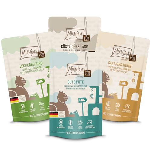 MjAMjAM - Premium Nassfutter für Katzen - Probierpaket Purer Fleischgenuss 1 125g, 12er Pack (12 x 125g), naturbelassen mit extra viel Fleisch von MjAMjAM