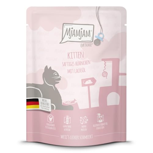 MjAMjAM - Premium Nassfutter für Katzen - Quetschie - Kitten saftiges Hühnchen mit Lachsöl, 1er Pack (1 x 300 g), getreidefrei mit extra viel Fleisch von MjAMjAM