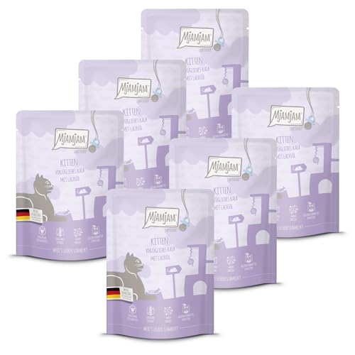 MjAMjAM - Premium Nassfutter für Katzen - Quetschie Kitten vorzügliches Kalb mit Lachsöl 300g, 6er Pack (6 x 300g), naturbelassen mit extra viel Fleisch von MjAMjAM