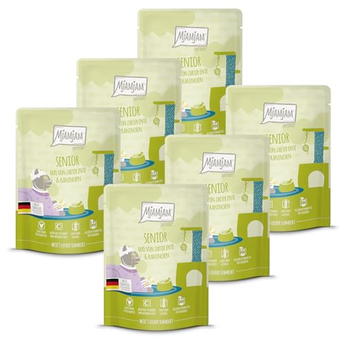 MjAMjAM - Premium Nassfutter für Katzen - Quetschie - Senior - DUO von zarter Ente & Kaninchen, 6er Pack (6x300g), getreidefrei von MjAMjAM