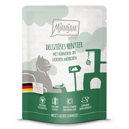 MjAMjAM - Premium Nassfutter für Katzen - Quetschie - deliziöses Rentier mit Hühnchen an leckeren Möhrchen, 1er Pack (1 x 300 g), getreidefrei mit extra viel Fleisch von MjAMjAM