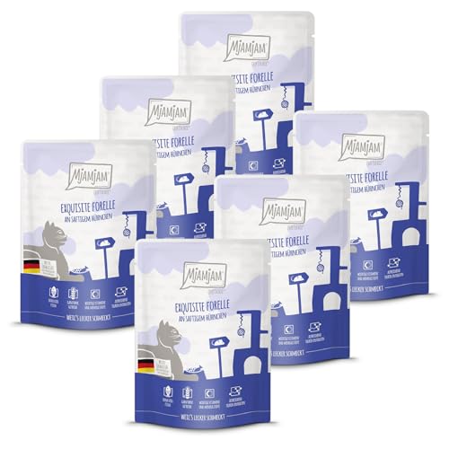 MjAMjAM - Premium Nassfutter für Katzen - Quetschie - exquisite Forelle an saftigem Hühnchen, 6er Pack (6x300g), getreidefrei von MjAMjAM