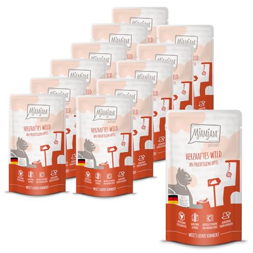 MjAMjAM - Premium Nassfutter für Katzen - Quetschie - herzhaftes Wild an fruchtigem Apfel, 12er Pack (12x125g), getreidefrei von MjAMjAM