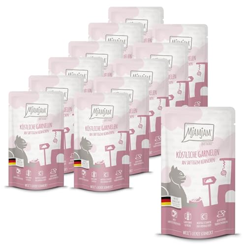 MjAMjAM - Premium Nassfutter für Katzen - Quetschie - köstliche Garnelen an saftigem Hühnchen, 12er Pack (12 x 125 g), getreidefrei mit extra viel Fleisch von MjAMjAM