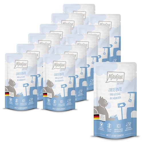 MjAMjAM - Premium Nassfutter für Katzen - Quetschie - zarte Ente & Geflügel an leckeren Möhrchen, 12er Pack (12 x 125 g), getreidefrei mit extra viel Fleisch von MjAMjAM