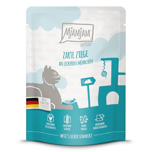 MjAMjAM - Premium Nassfutter für Katzen - Quetschie - zarte Ziege an leckeren Möhrchen, 1er Pack (1 x 300 g), getreidefrei mit extra viel Fleisch von MjAMjAM