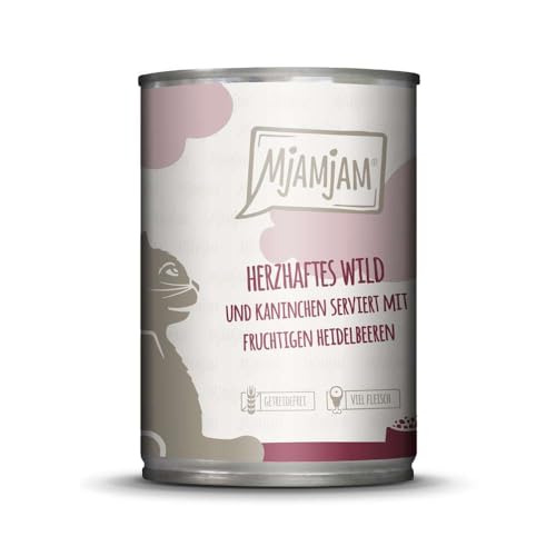 MjAMjAM - Premium Nassfutter für Katzen - herzhaftes Wild & Kaninchen an fruchtigen Heidelbeeren, 1er Pack (1 x 400 g), getreidefrei mit extra viel Fleisch von MjAMjAM