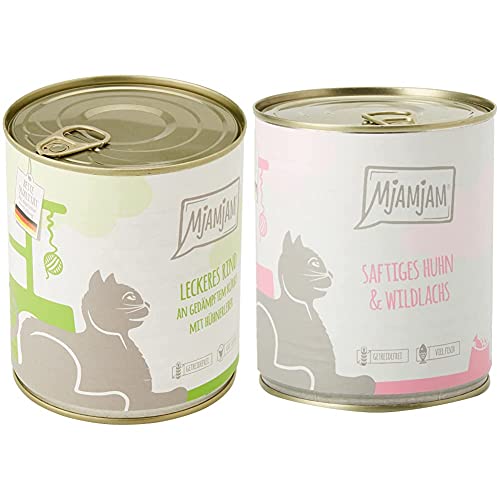 MjAMjAM - Premium Nassfutter für Katzen - leckeres Rind an gedämpftem Kürbis, 6er Pack (6 x 800 g) & Premium Nassfutter für Katzen - saftiges Huhn und wildlachs, 6er Pack (6 x 800 g) von MjAMjAM