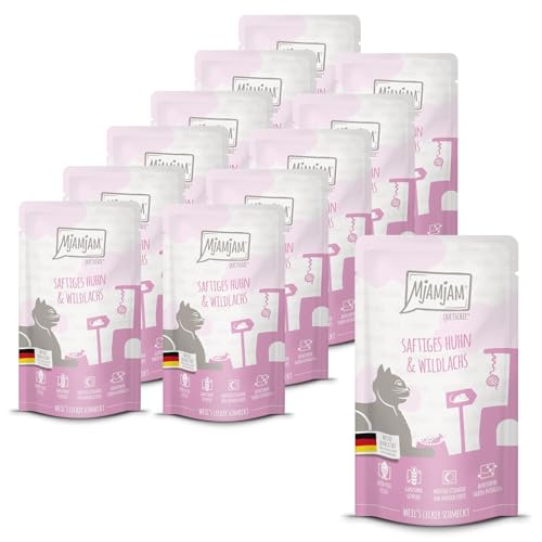 MjAMjAM - Premium Nassfutter für Katzen - saftiges Huhn und Wildlachs, 12er Pack (12 x 125 g), getreidefrei mit extra viel Fleisch von MjAMjAM