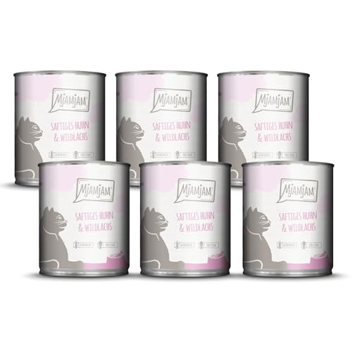 MjAMjAM - Premium Nassfutter für Katzen - saftiges Huhn und Wildlachs, 6er Pack (6 x 800 g), getreidefrei mit extra viel Fleisch von MjAMjAM