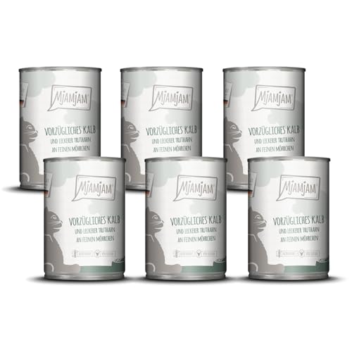 MjAMjAM - Premium Nassfutter für Katzen - vorzügliches Kalb & Truthahn an leckeren Möhrchen, 6er Pack (6 x 400 g), getreidefrei mit extra viel Fleisch von MjAMjAM
